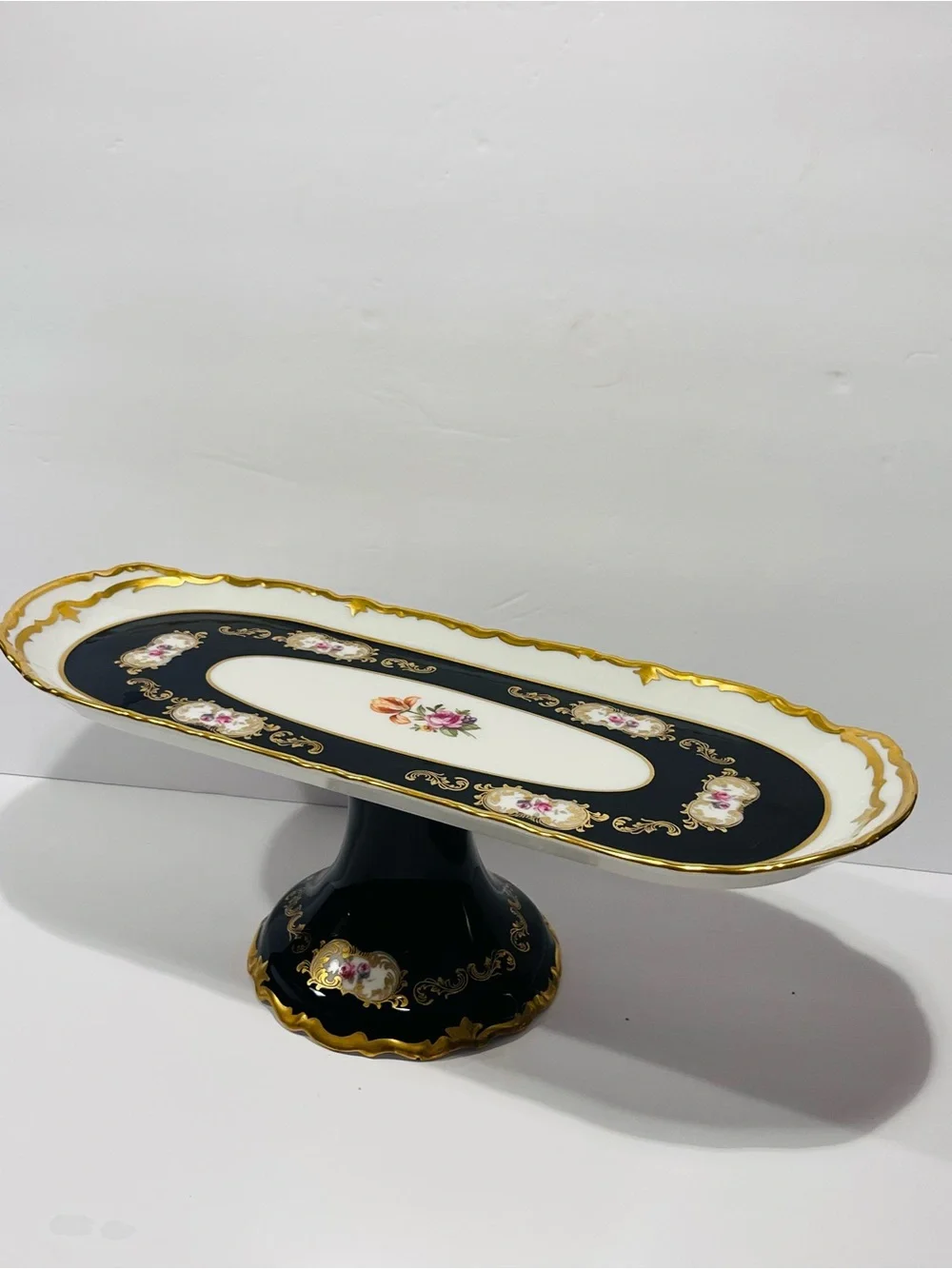 Vtg REICHENBACH Germany Echted Cobalt Baroque & 24K Gold Trim Pedestal Tray